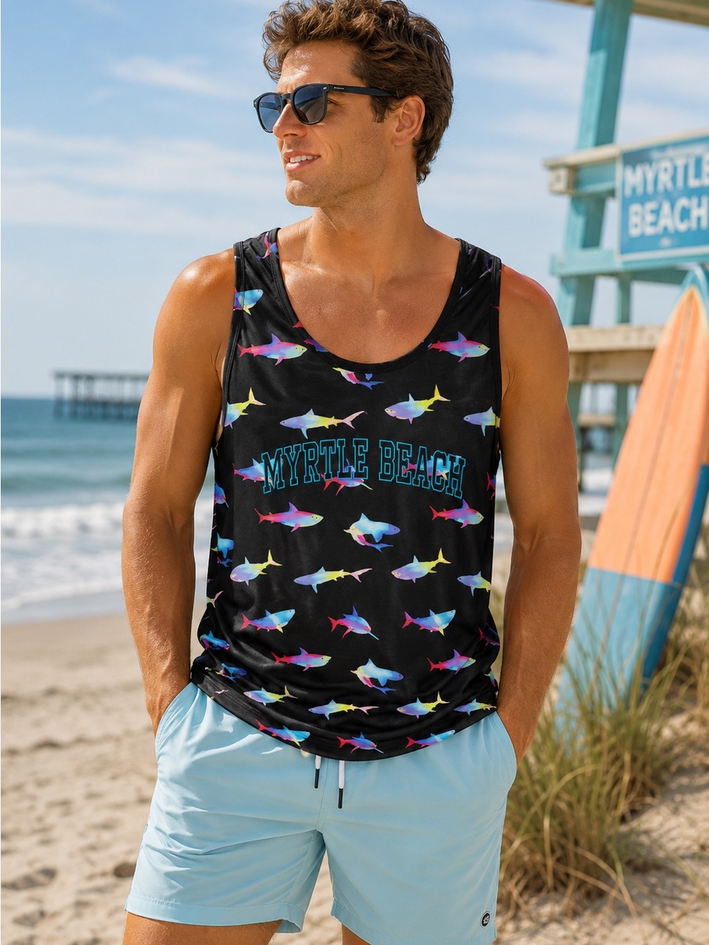 Coastal Swell Mens Large Myrtle Beach Shark Print Sleeveless Activewear Tank